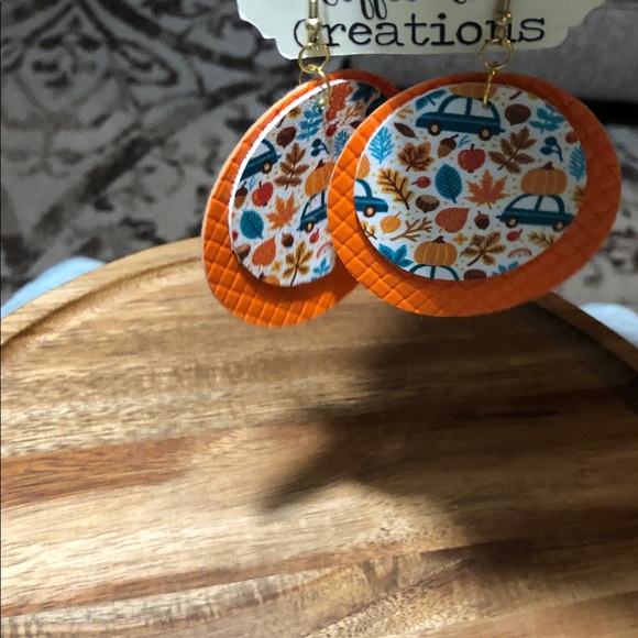 Handmade 3" fall  faux leather earrings, blue truck, pumpkins, fall leaves - Picture 2 of 4